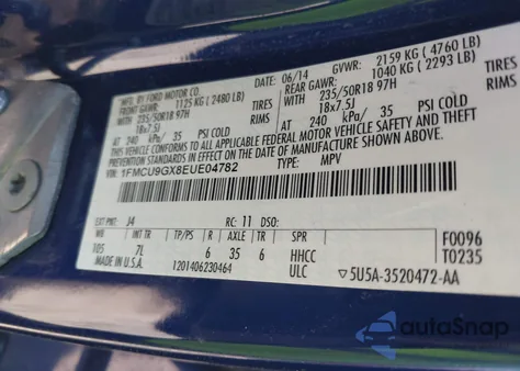 2014 Ford Escape Se из США, поврежденный, VIN 1FMCU9GX8EUE04782